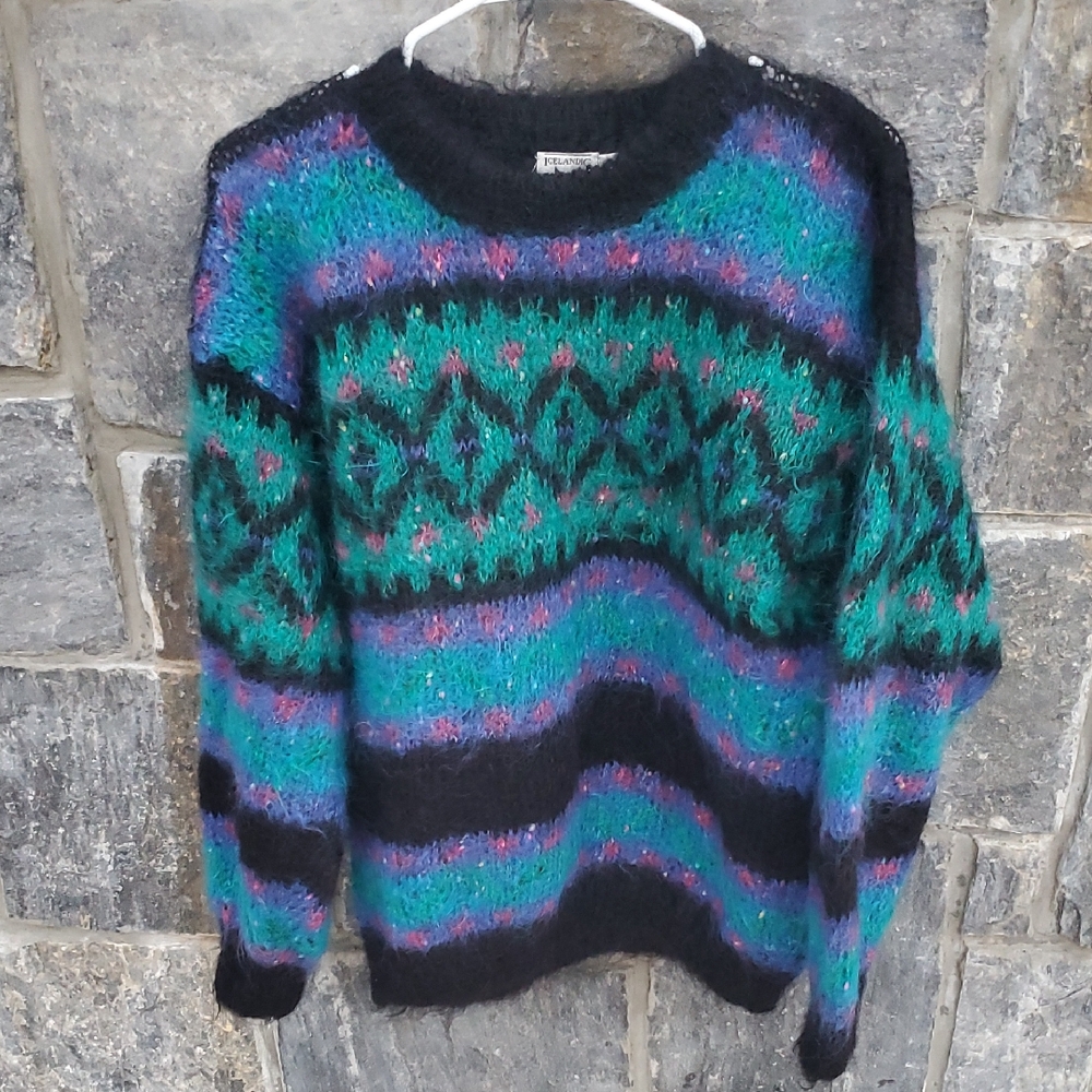 Icelandic Design Hand Knit Mohir Blend Colorful Patterned Sweater Small